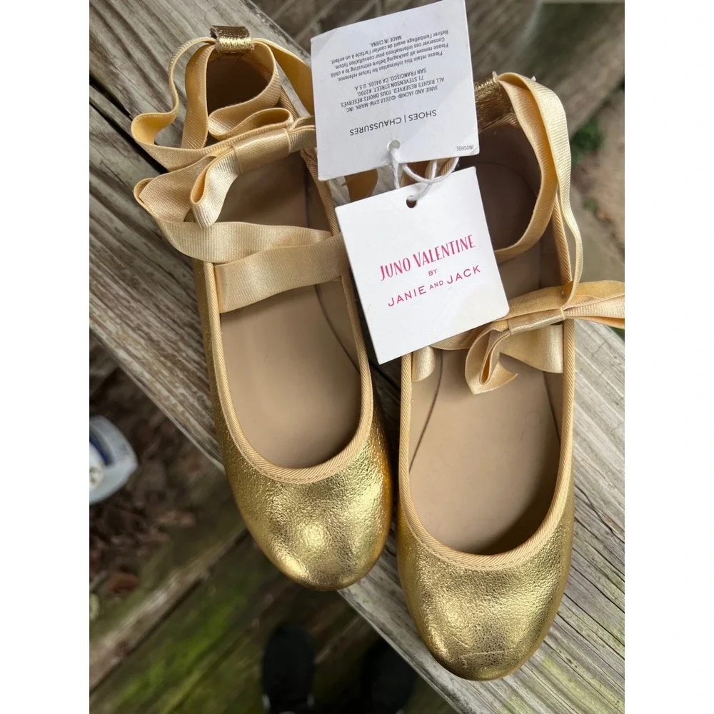 Janie and Jack NWT Ballet Flats Juno Valentine 3K Gold  Coquette Ribbon